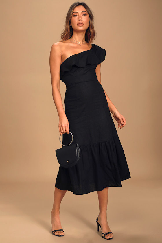 Black Midi Dress OneShoulder Dress Ruffled Dress Lulus