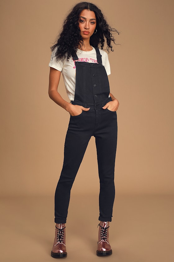 Black Overalls Buttoned Up Overalls Cropped Skinny Overalls Lulus