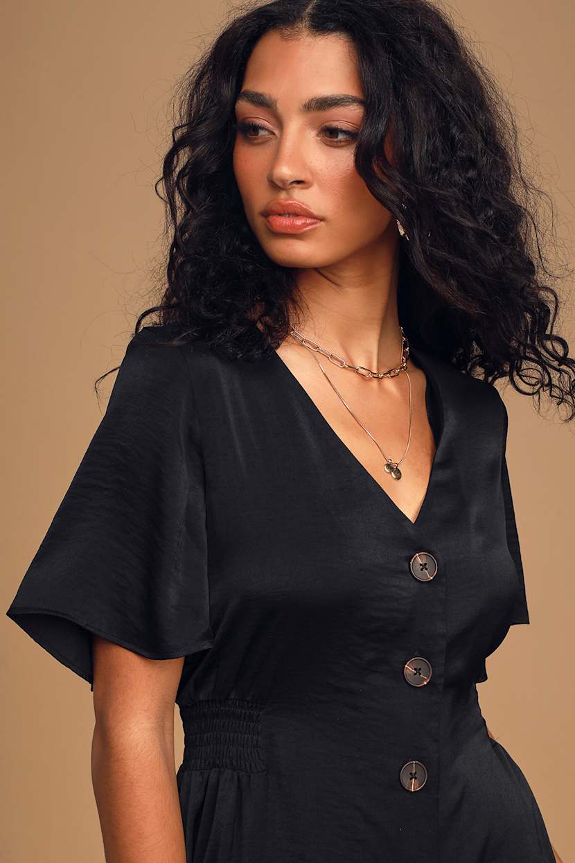 loyal hearts mini dress Black Mini Dress - Satin Dress - Button-Up Dress - Ruffled Mini