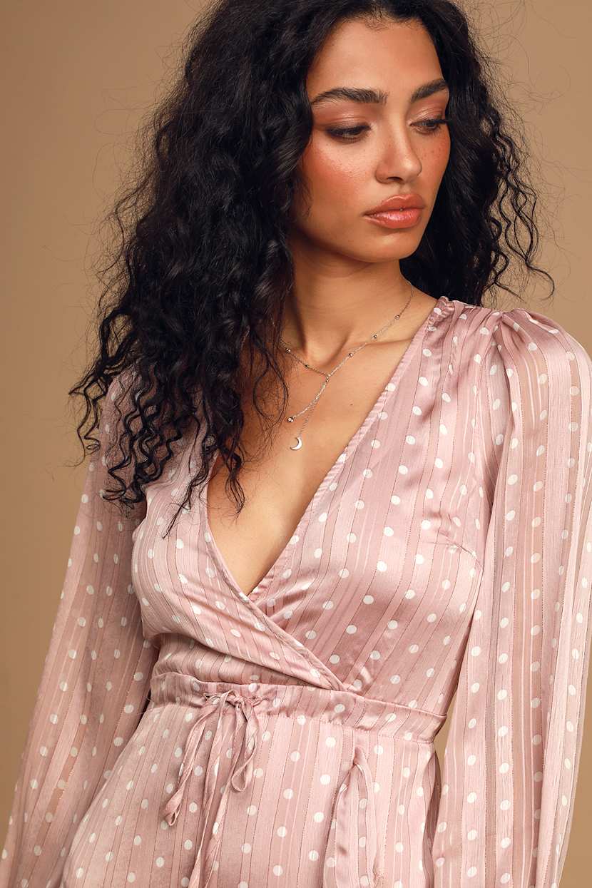 Cute Mauve Polka Dot Dress - Faux Wrap Mini Dress - Ruffled - Lulus Cute Mauve Polka Dot Dress - Faux Wrap Mini Dress - Ruffled - Lulus