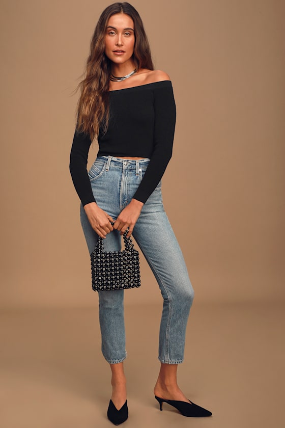 Crop On By Black Knit Off-the-Shoulder Cropped Sweater Top 1