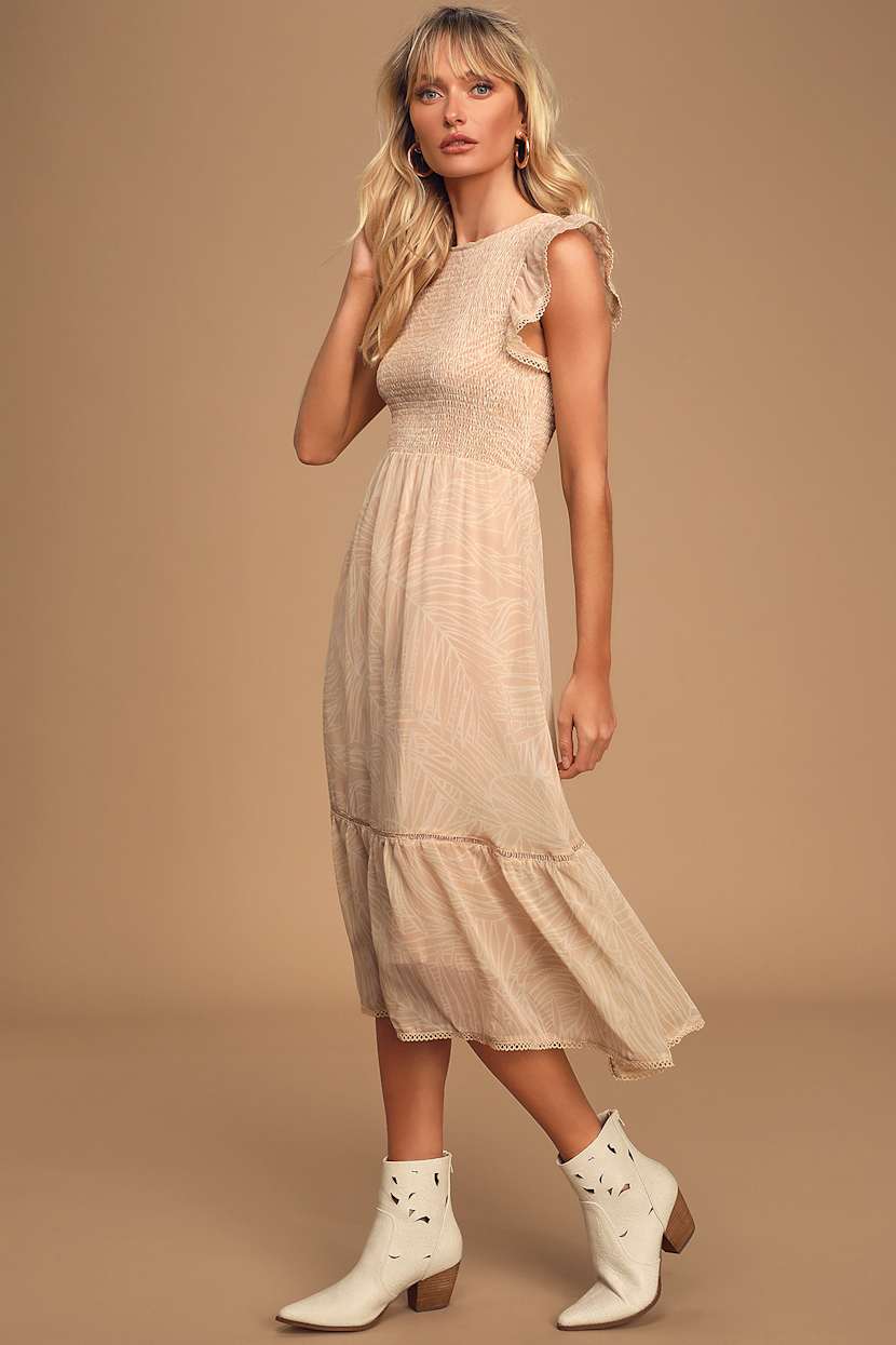 lost and wander pick me midi dress Lost + Wander Pick Me - Tan Print Midi Dress - Smocked Dress