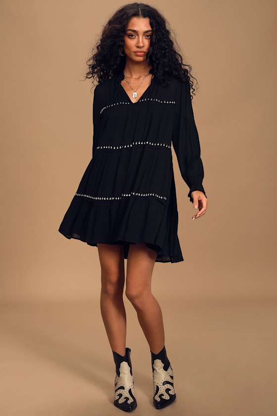 Black Swing Dress - Tiered Mini - Long Sleeve Dress - Mini Dress - Lulus
