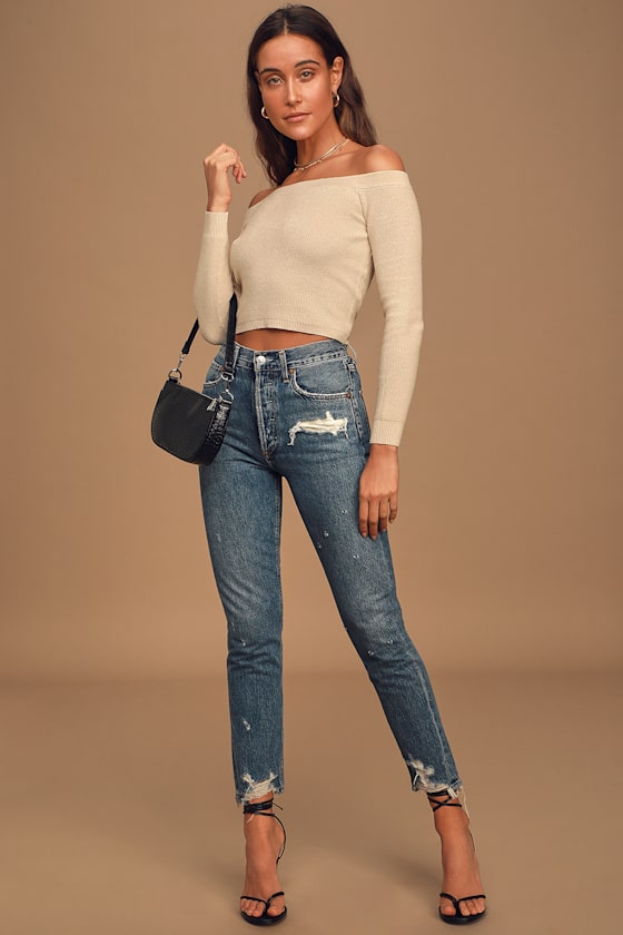 Crop On By Beige Knit Off-the-Shoulder Cropped Sweater To 2