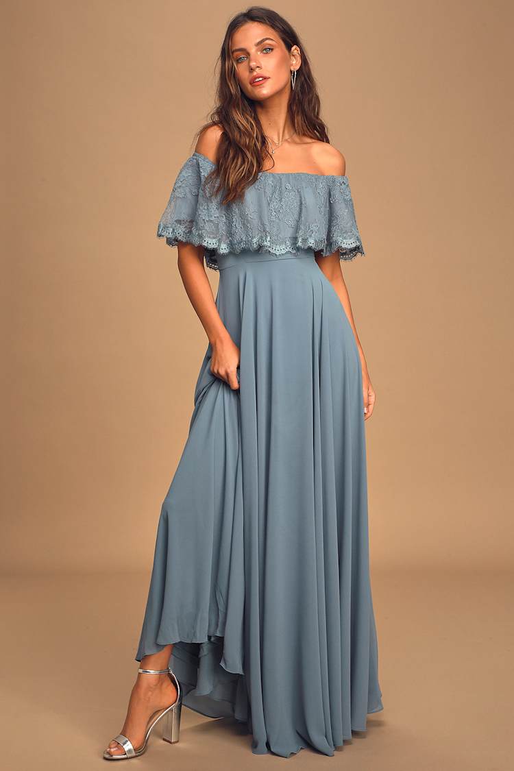 Pretty Slate Blue Gown - Off-The-Shoulder Maxi Dress - Gown - Lulus