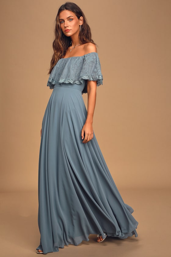 Everlasting Love Slate Blue Lace Off-The-Shoulder Maxi Dress 5
