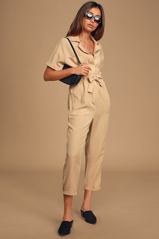 Miri Beige Button-Front Short Sleeve Utility Jumpsuit 2