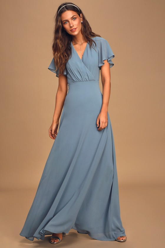 Slate Blue Dress - Short Sleeve Maxi 