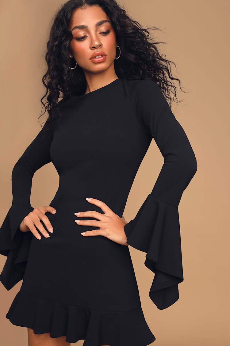 princess polly baby blue dress Chic Black Dress - Long Sleeve Dress - Ruffled Hem Mini Dress