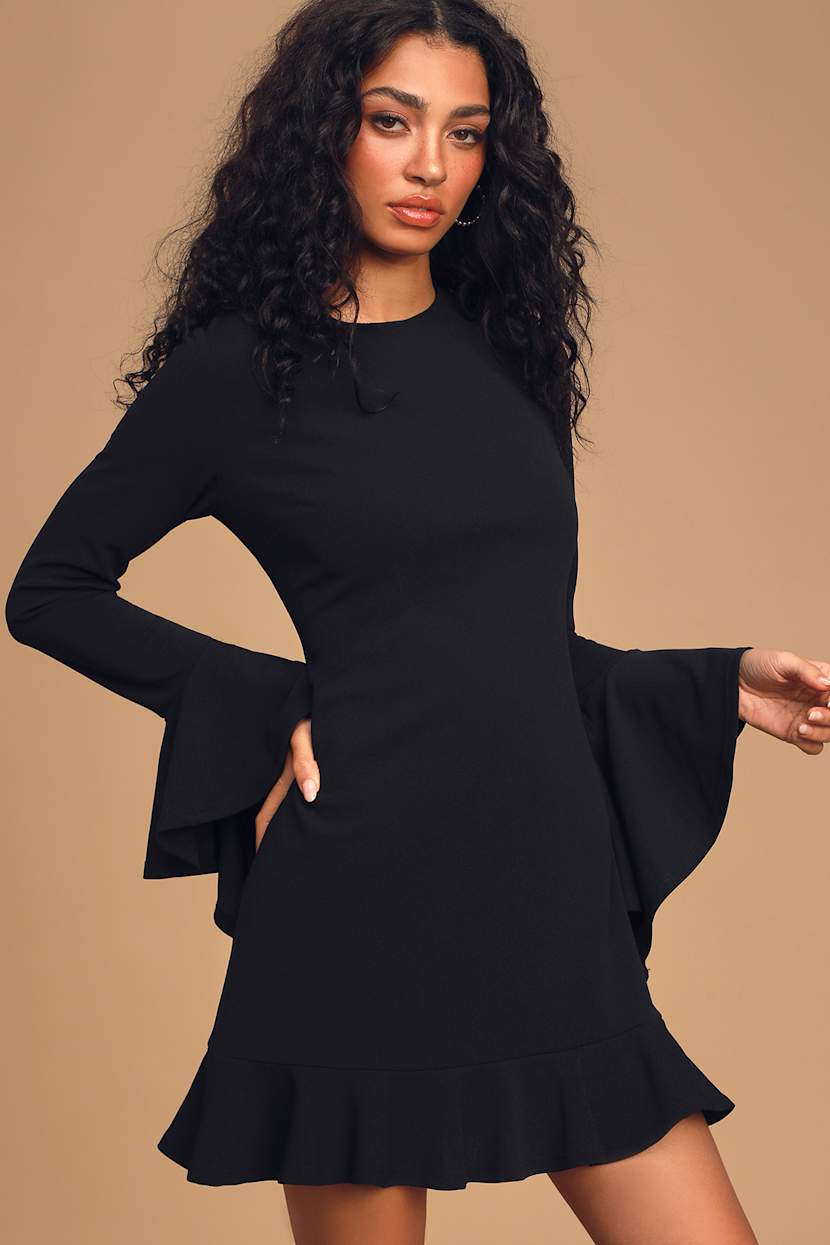 Forever Classy Black Long Sleeve Ruffled Mini Dress