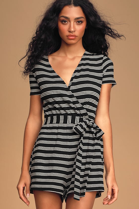 Black Striped Romper Ribbed Knit Romper Short Sleeve Romper Lulus