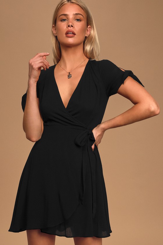 Lovely Black Dress - Tying Sleeve Mini Dress - Wrap Dress - Dress - Lulus