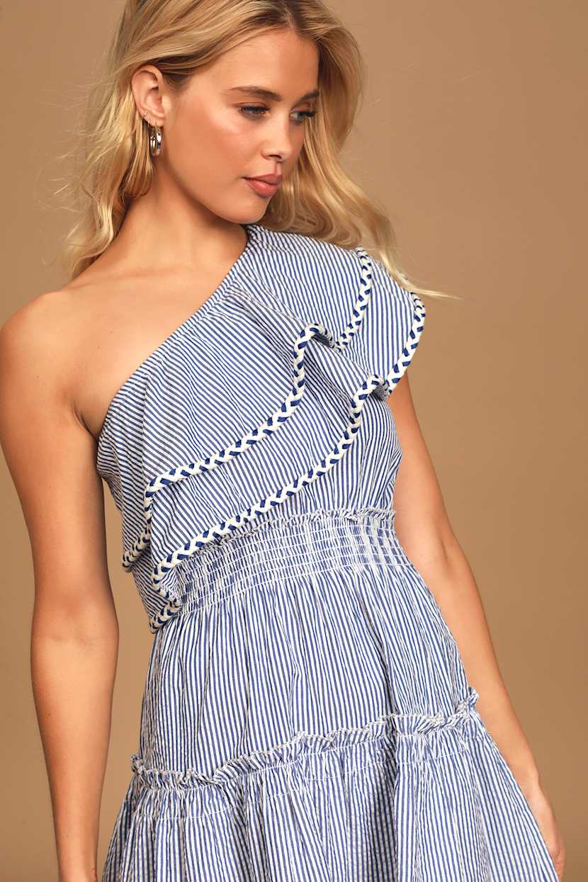 Cute Blue Dress - Striped Mini Dress - One-Shoulder Dress - Lulus Cute Blue Dress - Striped Mini Dress - One-Shoulder Dress - Lulus