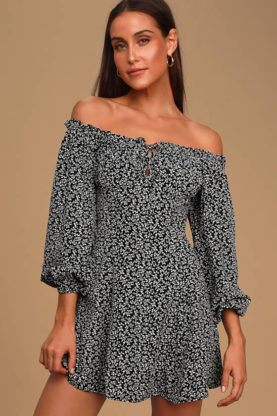 Garden Heart Black Floral Print Off-the-Shoulder Mini Dress 7