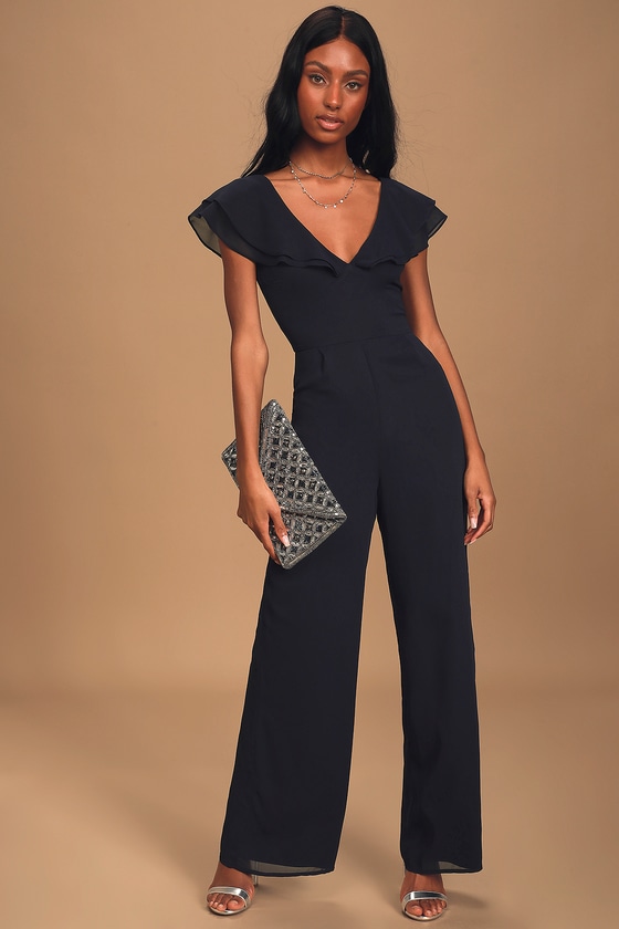 Chic Navy Blue Jumpsuit - Ruffled Jumpsuit - Wide-Leg Jumpsuit - Lulus