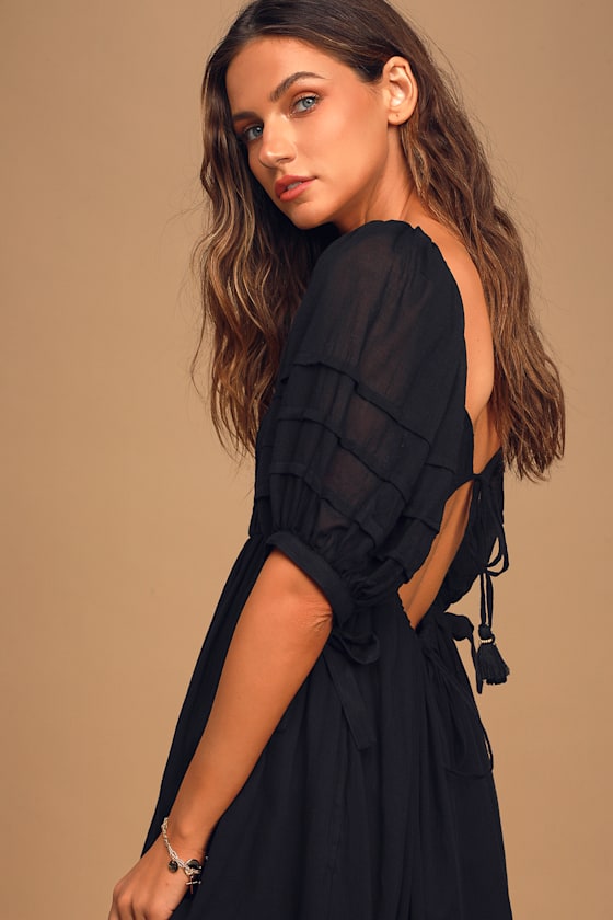Let's Be Friends Black Puff Sleeve Pleated Midi Dress 5