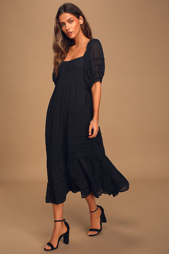 Let's Be Friends Black Puff Sleeve Pleated Midi Dress 3