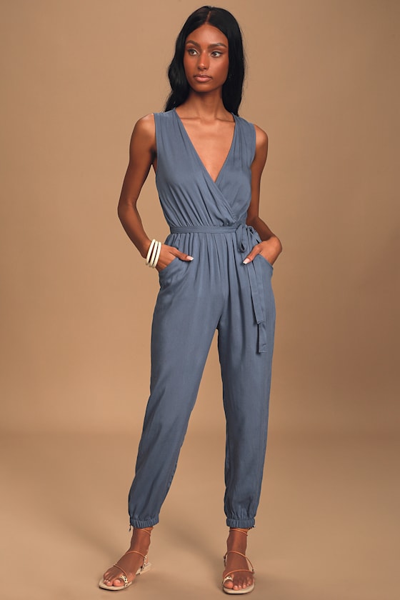Cute Blue Jumpsuit Sleeveless Jumpsuit Surplice Jumpsuit Lulus
