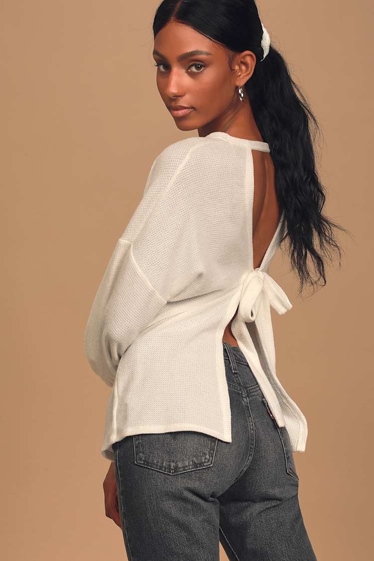 Cute White Sweater - Tie-Back Sweater - Waffle Knit Sweater - Lulus