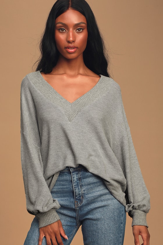 Personal Record Heather Grey Knit Balloon Sleeve Sweater Top