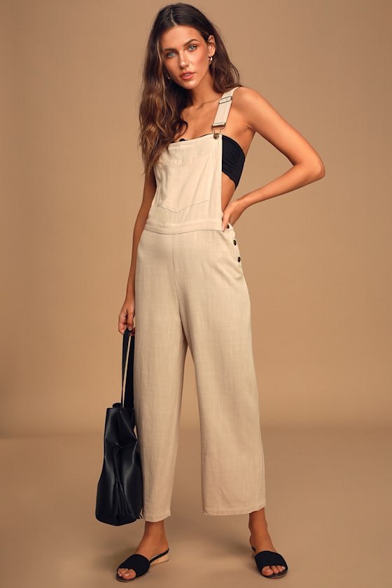 Break Even Beige Wide-Leg Overalls 2