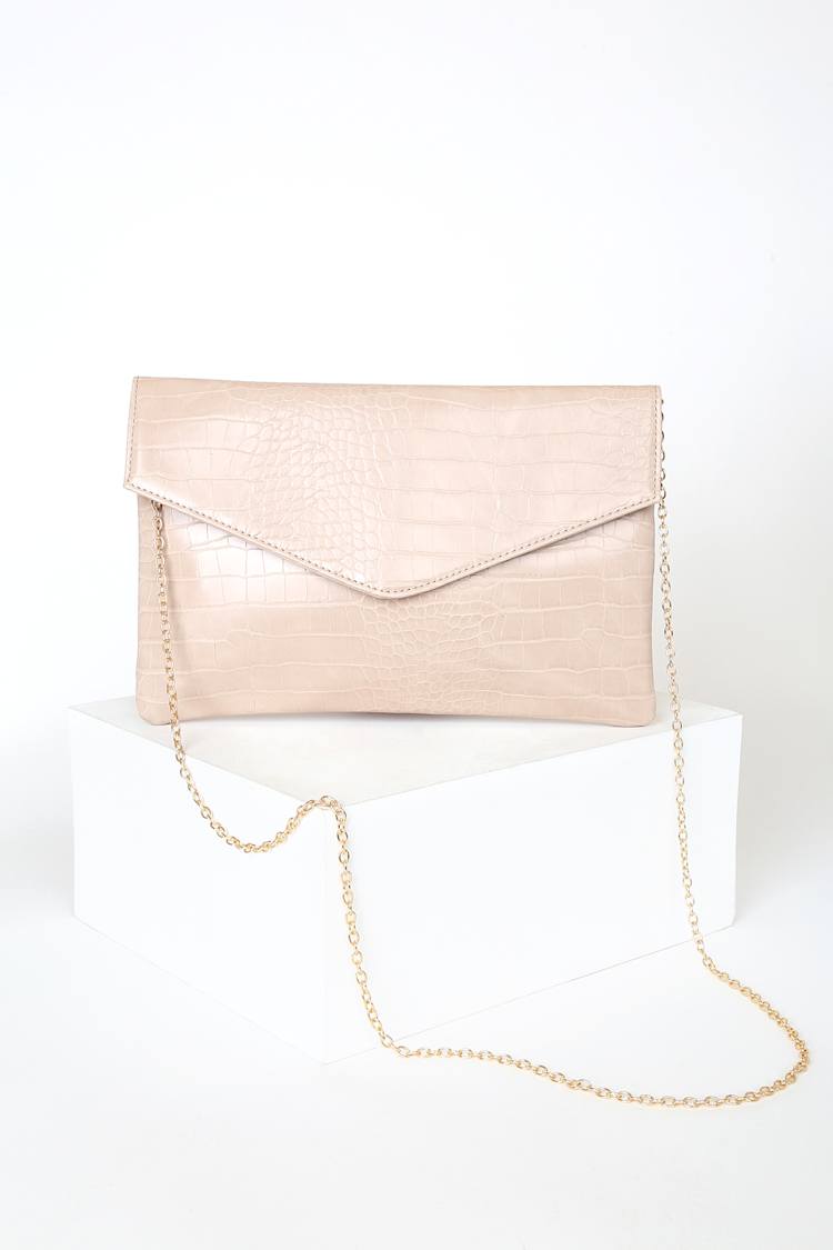Leelou Beige Crocodile Embossed Clutch