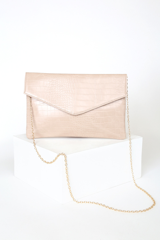 Leelou Beige Crocodile Embossed Clutch 2