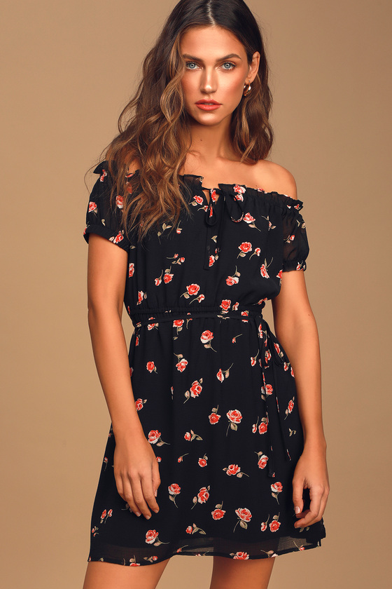 black floral dress off the shoulder