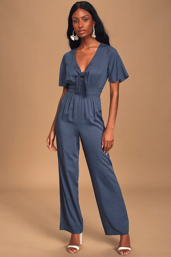 Cute Denim Blue Jumpsuit Tiefront Jumpsuit Woven Jumpsuit Lulus