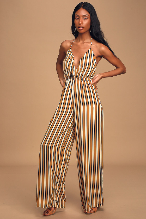 Vacation Jumpsuit - Tan Striped Jumpsuit - Halter Jumpsuit - Lulus