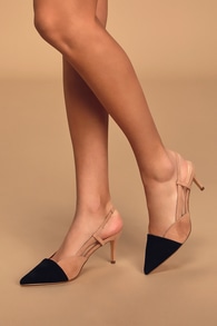Steviee Black and Beige Pointed-Toe Slingback Pumps