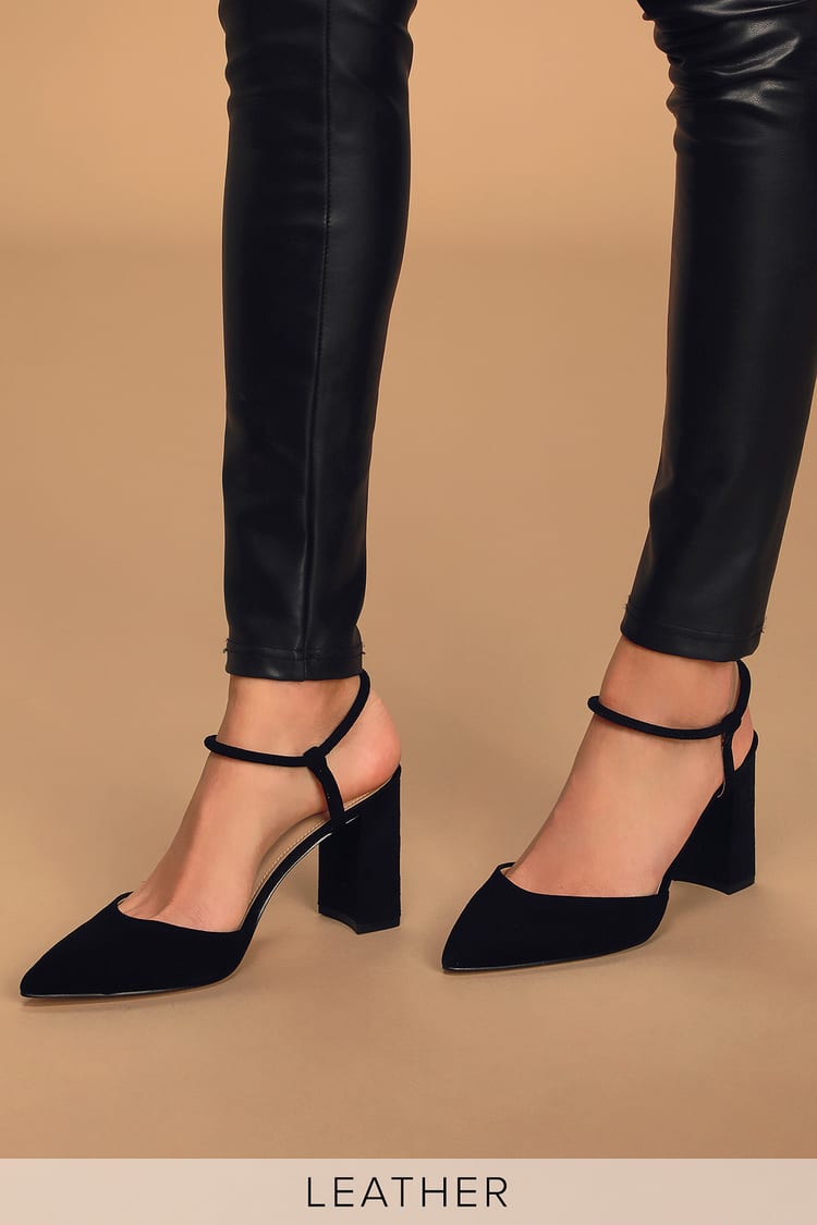 Pointed Toe Ankle Strap Block Heel Pumps - Black Suede