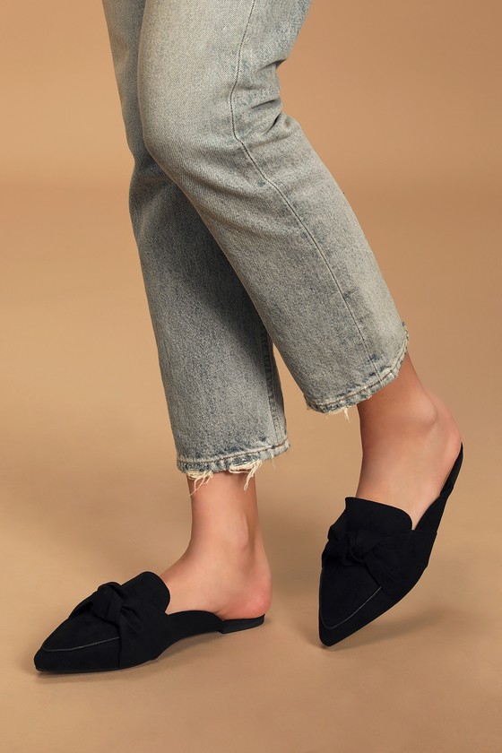 Cute Black Suede Slides - Knotted Pointy Toe Mules - Vegan Suede - Lulus