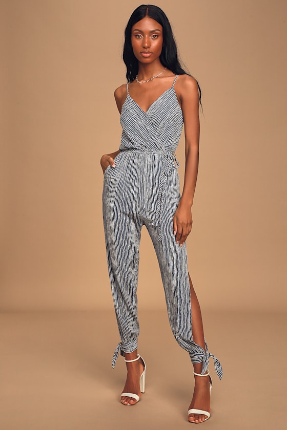 Cool Striped Jumpsuit Slit Leg Jumpsuit Slate Blue Jumpsuit Lulus