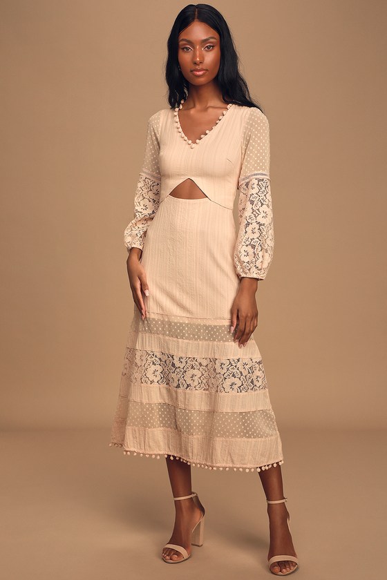 Cute Blush Midi Dress Mixed Lace Midi Dress Cutout Midi Dress