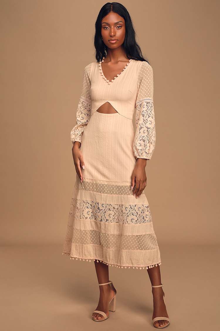 Cute Blush Midi Dress - Mixed Lace Midi Dress - Cutout Midi Dress - Lulus