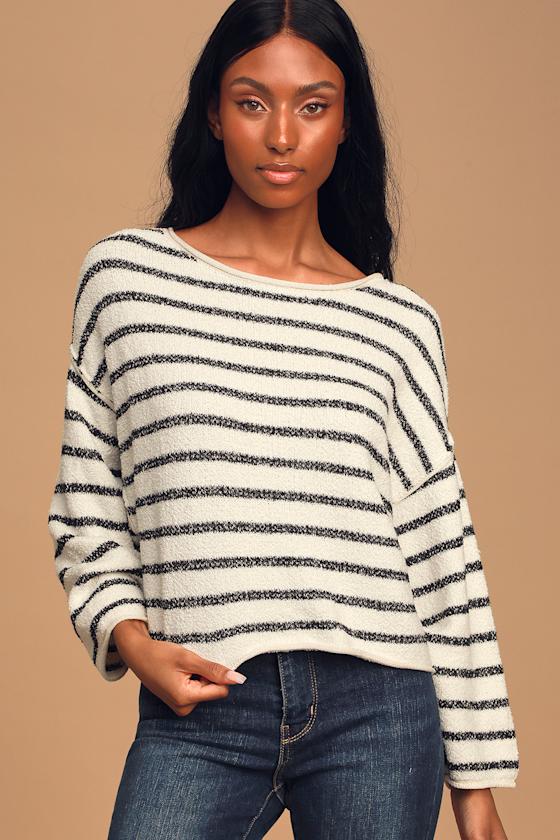 Free People Bardot Black and White Striped Top Comfy Sweater Lulus