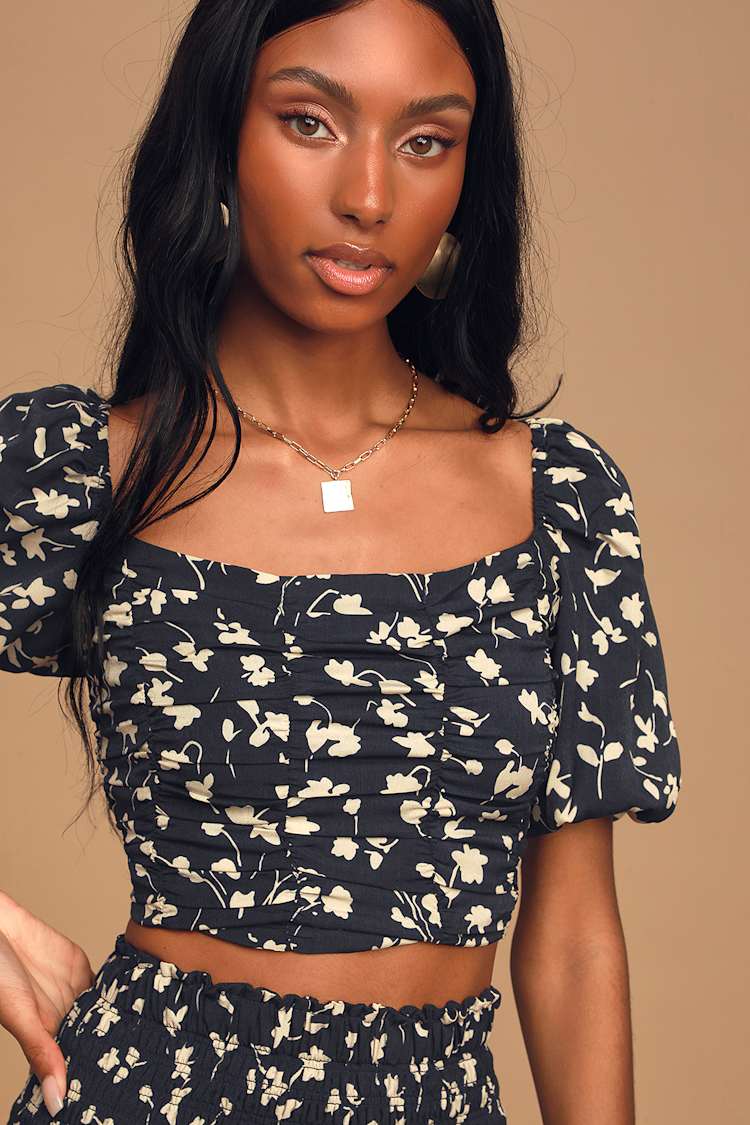 Cute Navy Blue Floral Print Top - Ruched Top - Puff Sleeve Top - Lulus