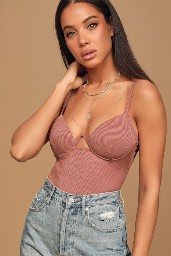Last Call Dusty Mauve Ribbed Backless Bodysuit 3