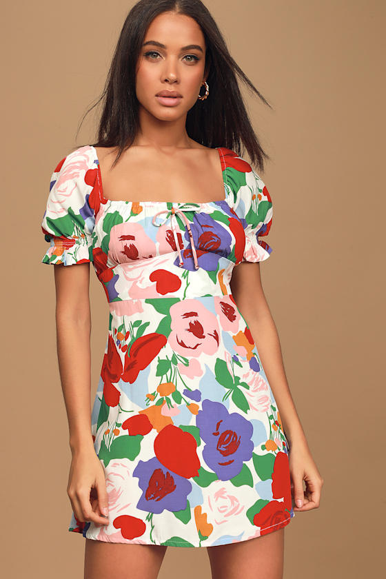 Iris White Multi Floral Print Puff Sleeve Mini Dress 2