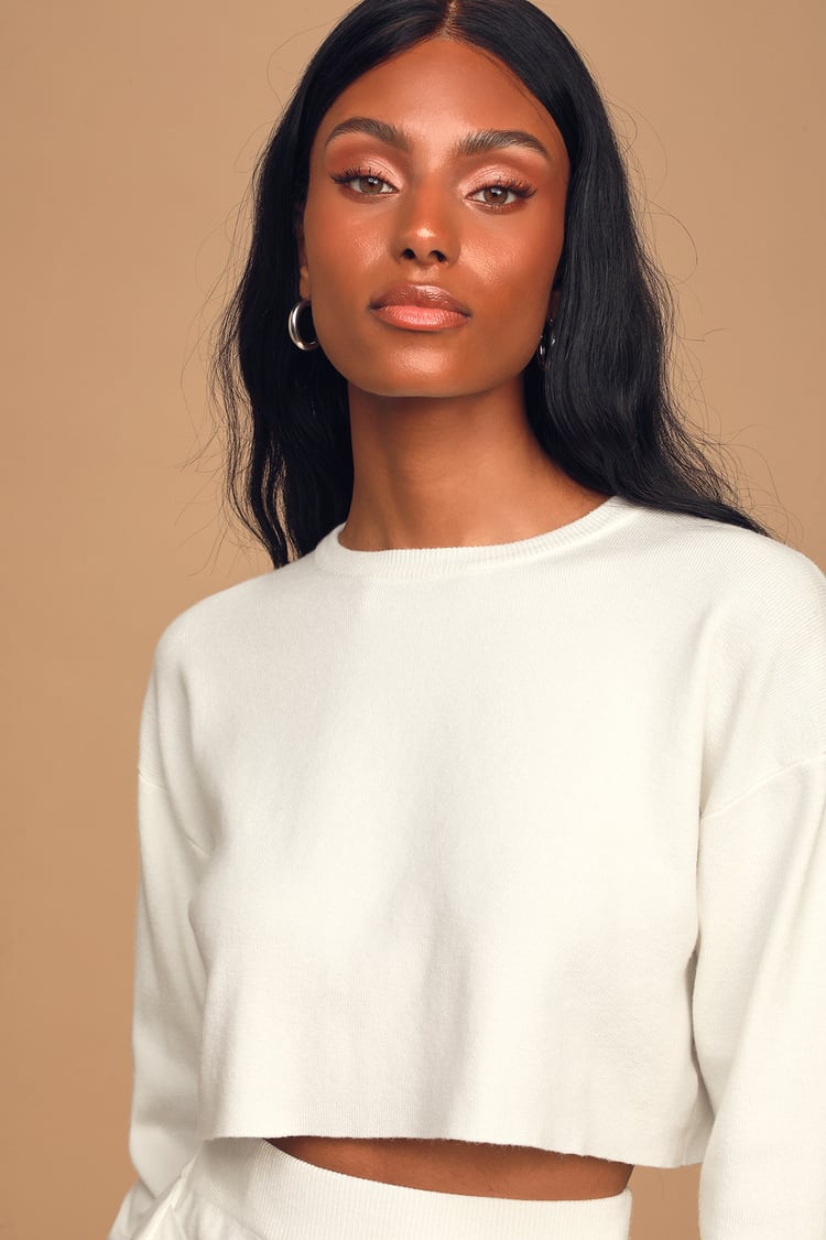 So Thoughtful White Ribbed Knit Cropped Pullover Sweater