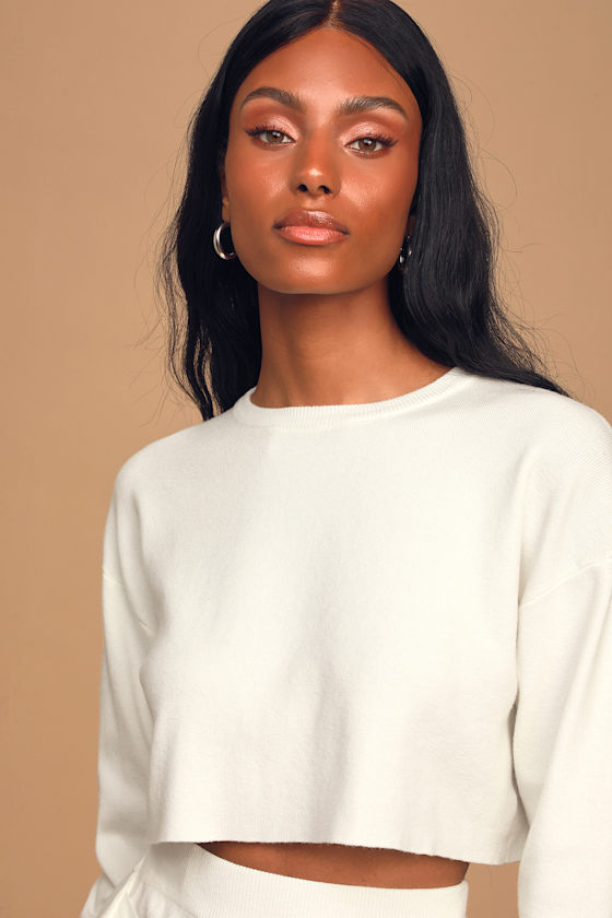 Cuddle Close White Ribbed Knit Cropped Pullover Sweater 4