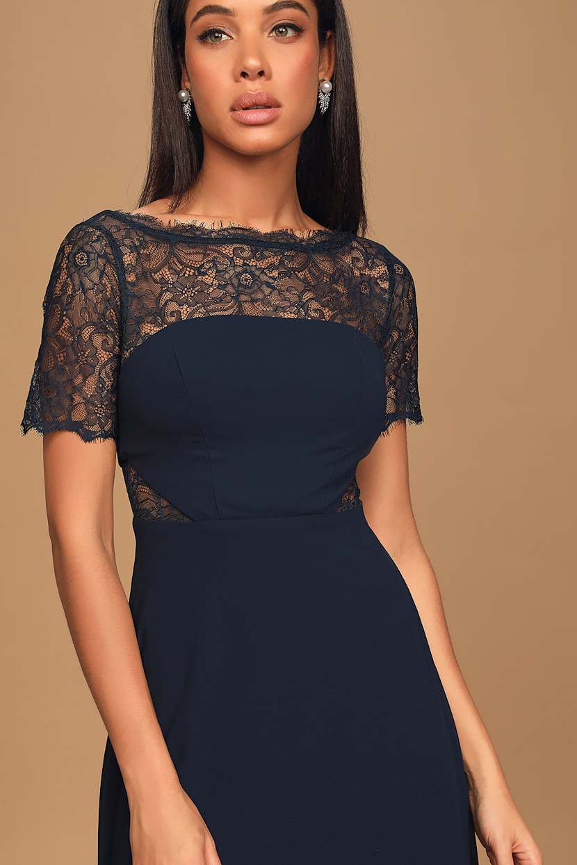 chinese dress ladies Navy High Low Dress With Lace Back