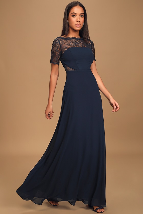 Navy Blue Gown - Lace Maxi Dress - Chiffon Maxi - Cutout Dress - Lulus