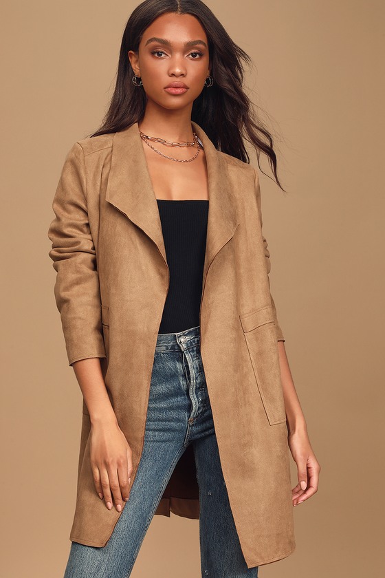Cute Tan Jacket Open Front Jacket Vegan Suede Jacket Lulus