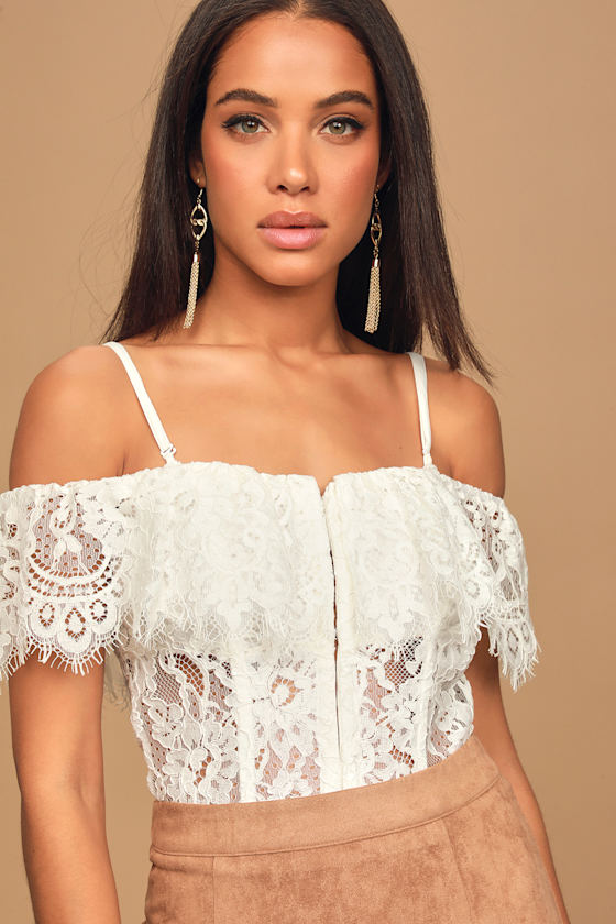 Drop Dead Gorgeous White Lace Off-the-Shoulder Bodysuit 3
