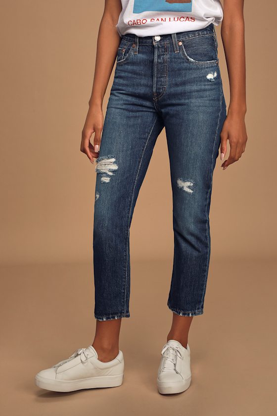 501 Medium Wash Distressed High Rise Straight Leg Cropped Jeans 4