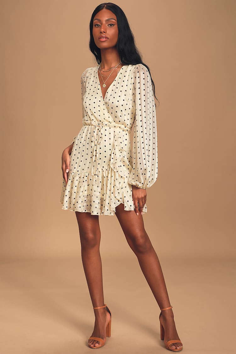 Cute Ivory Polka Dot Dress - Faux Wrap Mini Dress - Ruffled Dress - Lulus