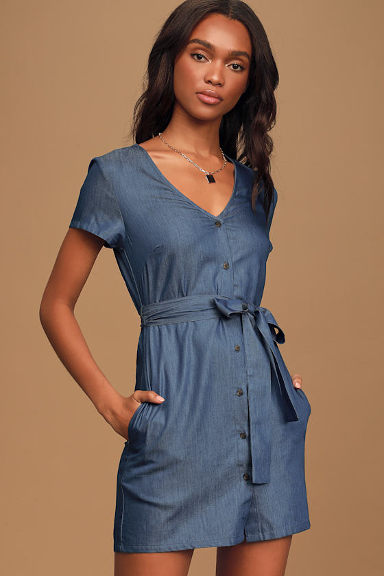 Chambray Mini Dress - Short Sleeve Dress - Button-Front Dress - Lulus
