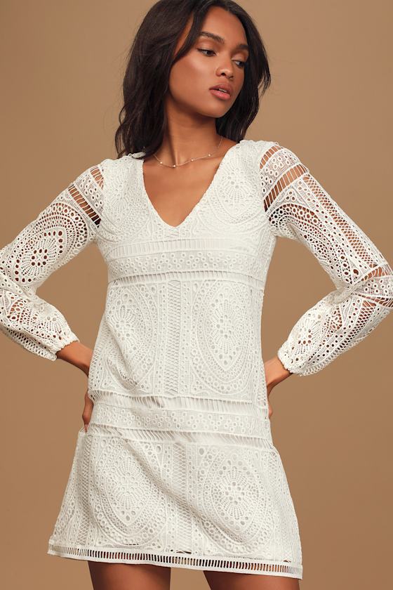 Til The End Of Time White Lace Long Sleeve Mini Shift Dress 2